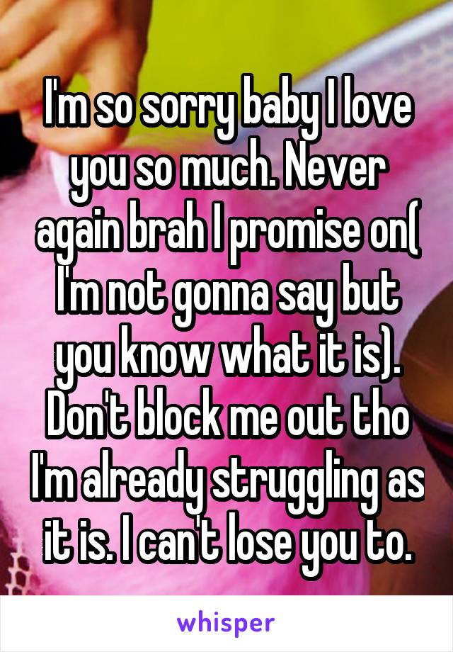 I'm so sorry baby I love you so much. Never again brah I promise on( I'm not gonna say but you know what it is). Don't block me out tho I'm already struggling as it is. I can't lose you to.