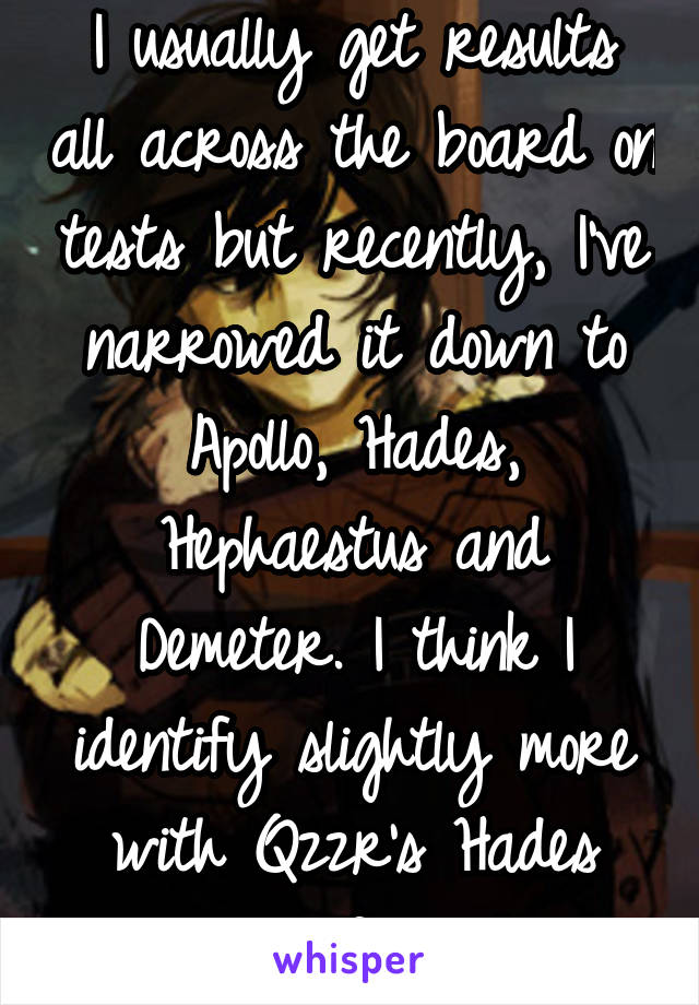 I usually get results all across the board on tests but recently, I've narrowed it down to Apollo, Hades, Hephaestus and Demeter. I think I identify slightly more with Qzzr's Hades result information.