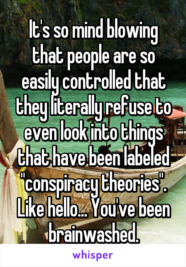 It's so mind blowing that people are so easily controlled that they literally refuse to even look into things that have been labeled "conspiracy theories". Like hello... You've been brainwashed.
