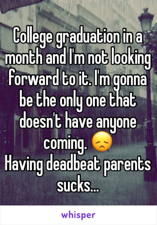 College graduation in a month and I'm not looking forward to it. I'm gonna be the only one that doesn't have anyone coming. 😞
Having deadbeat parents sucks...