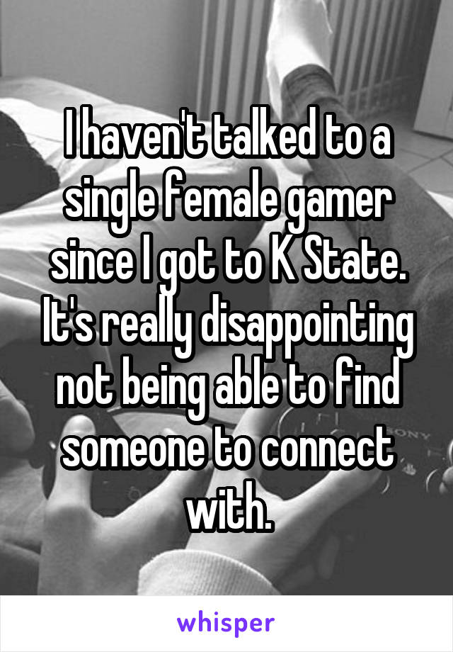 I haven't talked to a single female gamer since I got to K State. It's really disappointing not being able to find someone to connect with.