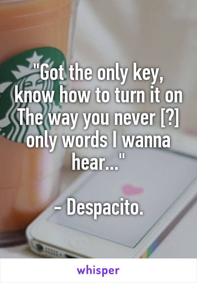 "Got the only key, know how to turn it on
The way you never [?] only words I wanna hear..."

- Despacito.