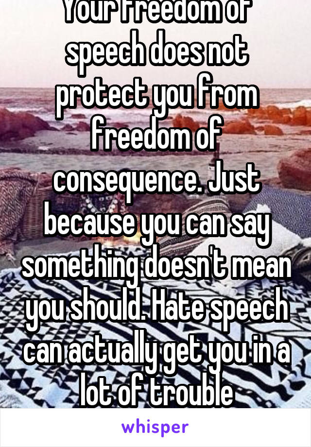 Your freedom of speech does not protect you from freedom of consequence. Just because you can say something doesn't mean you should. Hate speech can actually get you in a lot of trouble defamation...