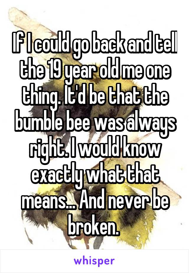 If I could go back and tell the 19 year old me one thing. It'd be that the bumble bee was always right. I would know exactly what that means... And never be broken. 