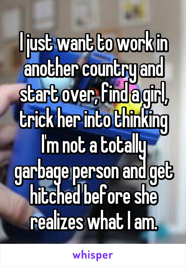 I just want to work in another country and start over, find a girl, trick her into thinking I'm not a totally garbage person and get hitched before she realizes what I am.