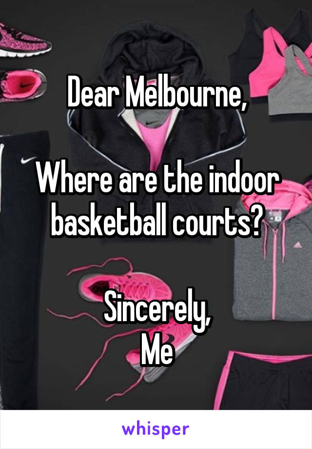 Dear Melbourne,

Where are the indoor basketball courts?

Sincerely,
Me