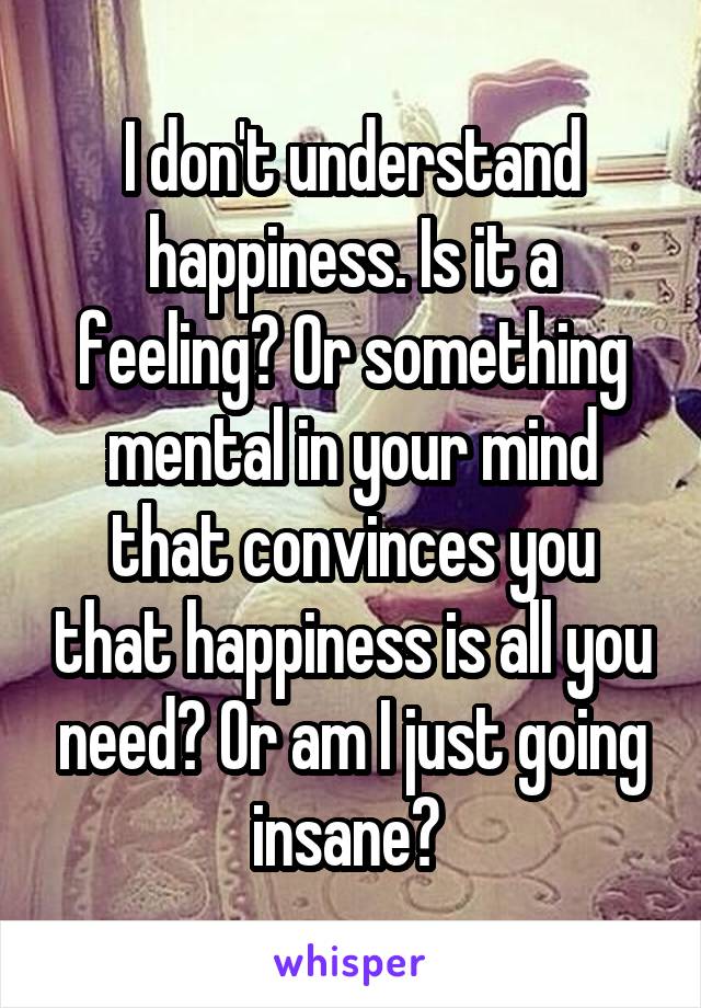 I don't understand happiness. Is it a feeling? Or something mental in your mind that convinces you that happiness is all you need? Or am I just going insane? 