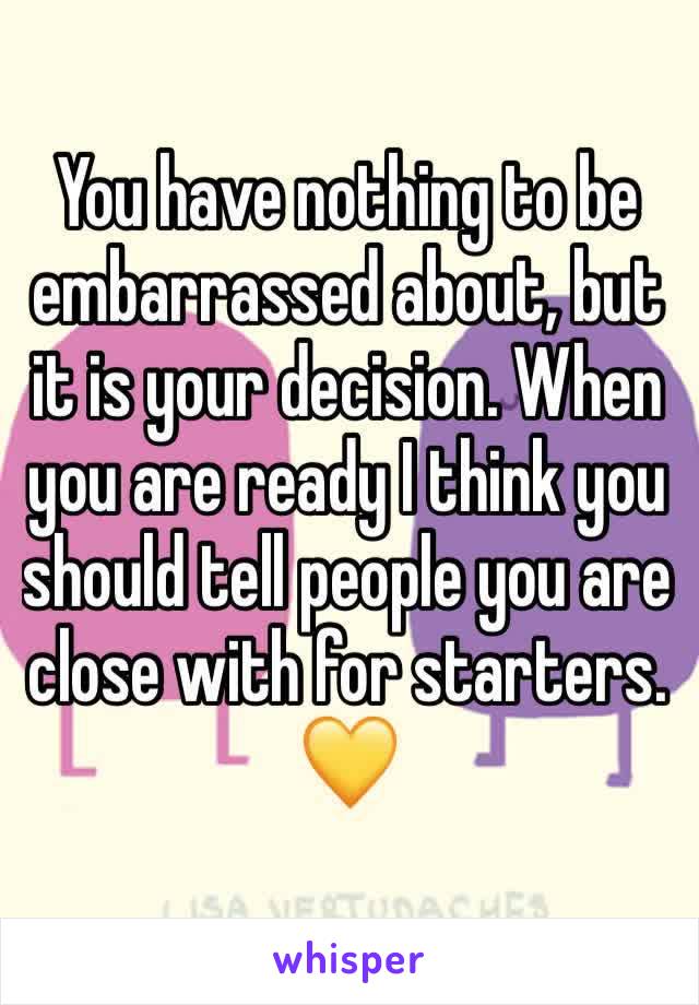 You have nothing to be embarrassed about, but it is your decision. When you are ready I think you should tell people you are close with for starters. 💛