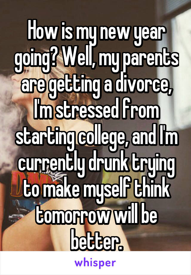 How is my new year going? Well, my parents are getting a divorce, I'm stressed from starting college, and I'm currently drunk trying to make myself think tomorrow will be better.