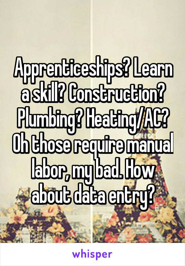 Apprenticeships? Learn a skill? Construction? Plumbing? Heating/AC? Oh those require manual labor, my bad. How about data entry?