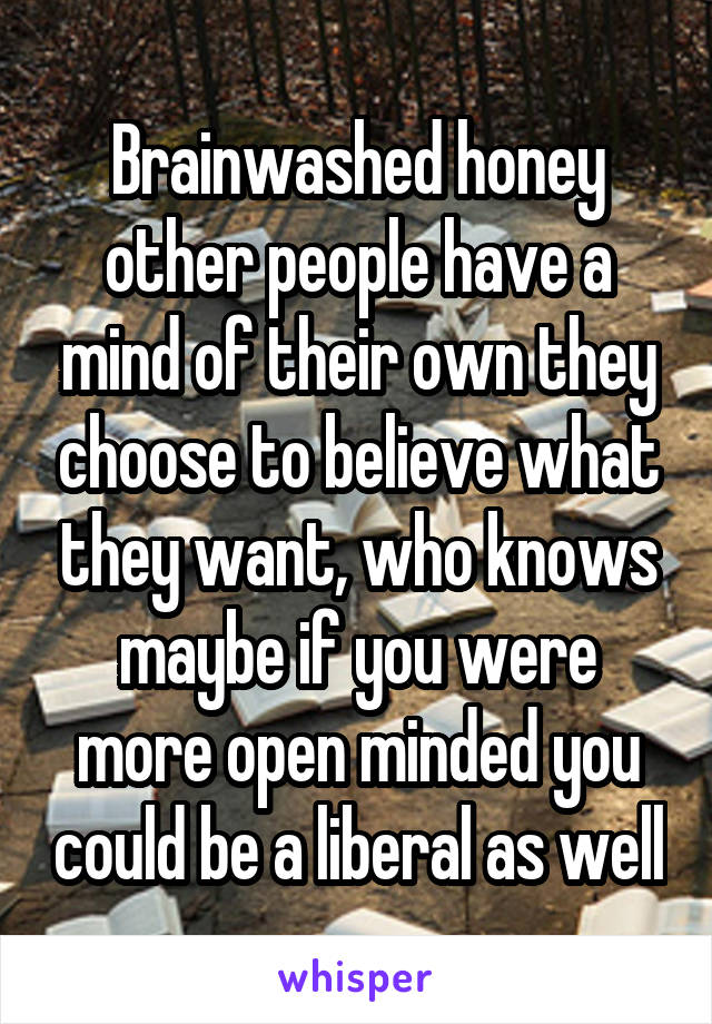 Brainwashed honey other people have a mind of their own they choose to believe what they want, who knows maybe if you were more open minded you could be a liberal as well