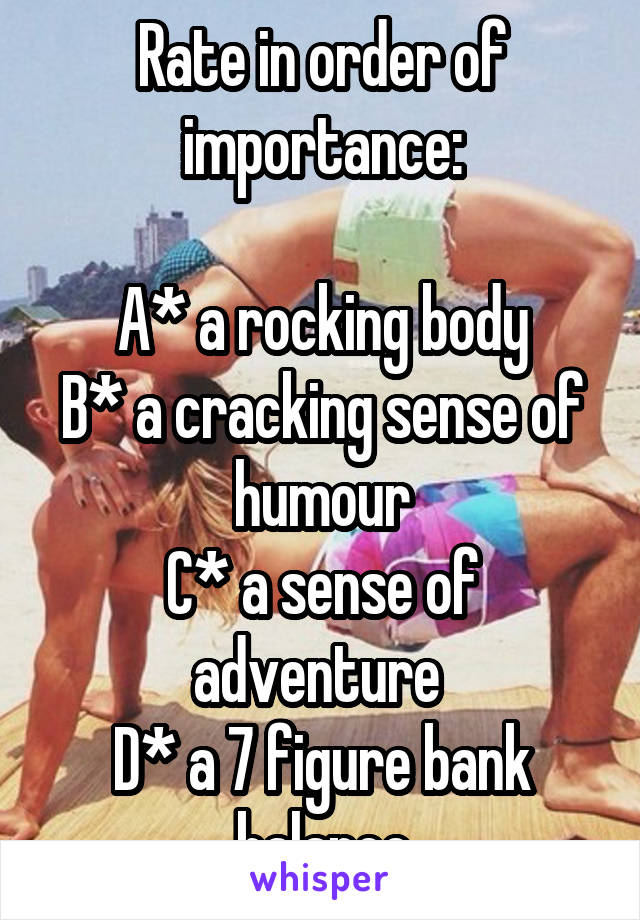 Rate in order of importance:

A* a rocking body
B* a cracking sense of humour
C* a sense of adventure 
D* a 7 figure bank balance