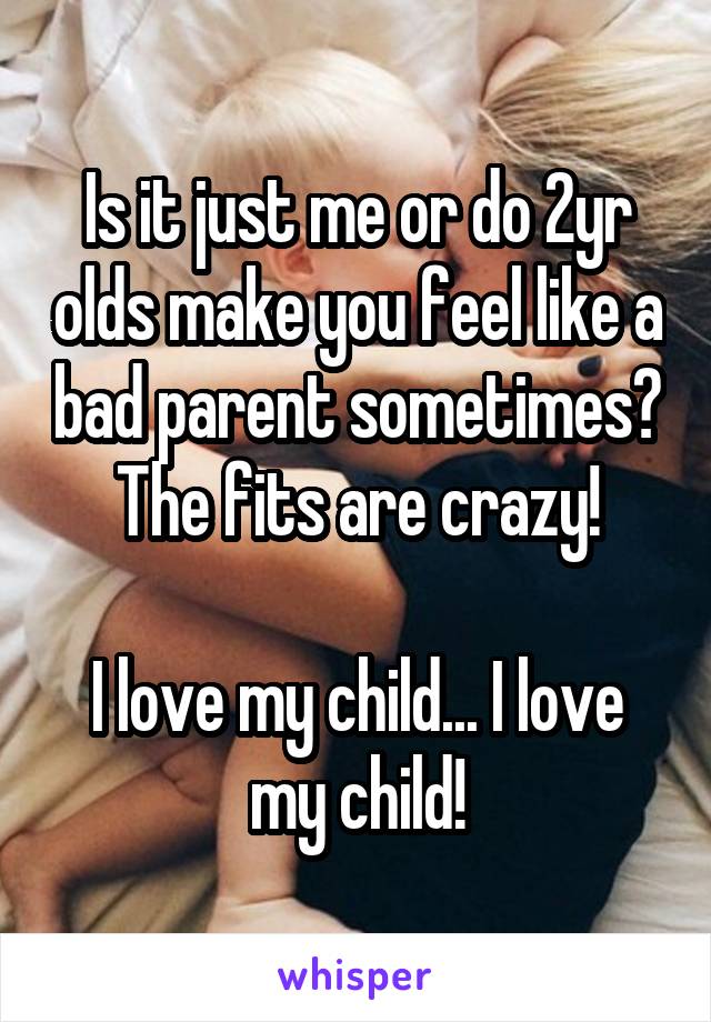 Is it just me or do 2yr olds make you feel like a bad parent sometimes?  The fits are crazy! 

I love my child... I love my child!