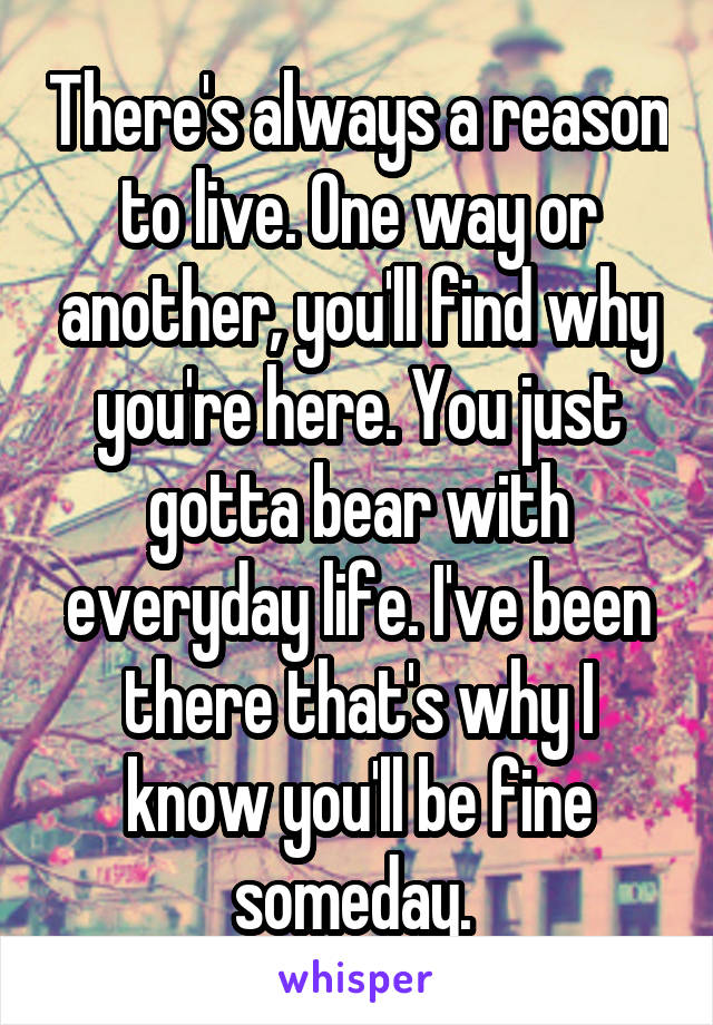 There's always a reason to live. One way or another, you'll find why you're here. You just gotta bear with everyday life. I've been there that's why I know you'll be fine someday. 