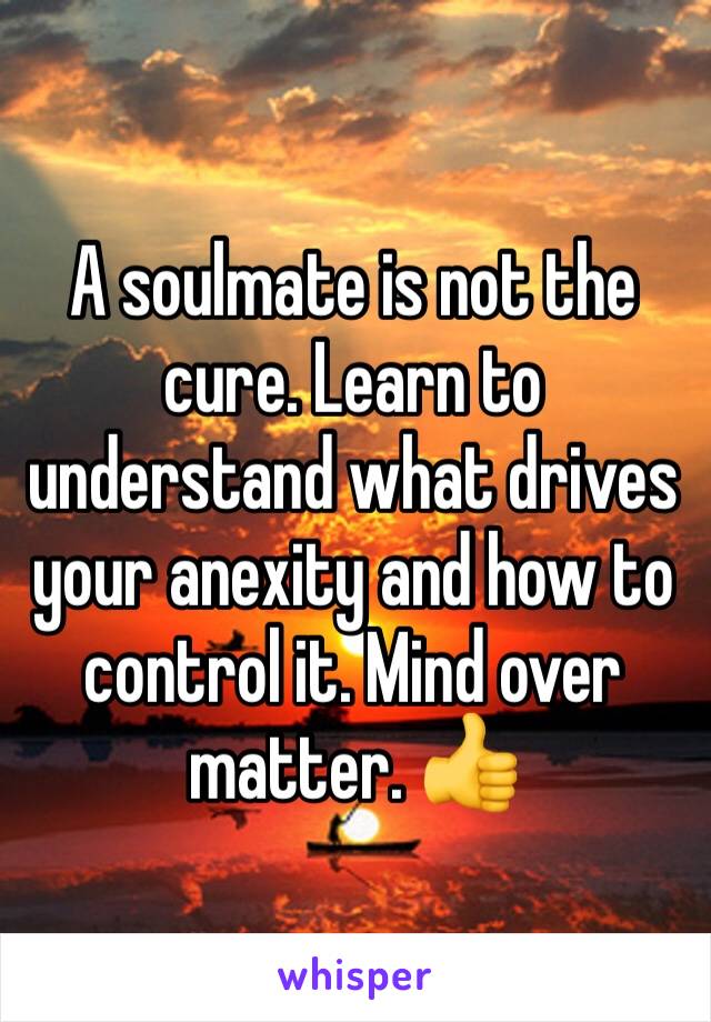 A soulmate is not the cure. Learn to understand what drives your anexity and how to control it. Mind over matter. 👍