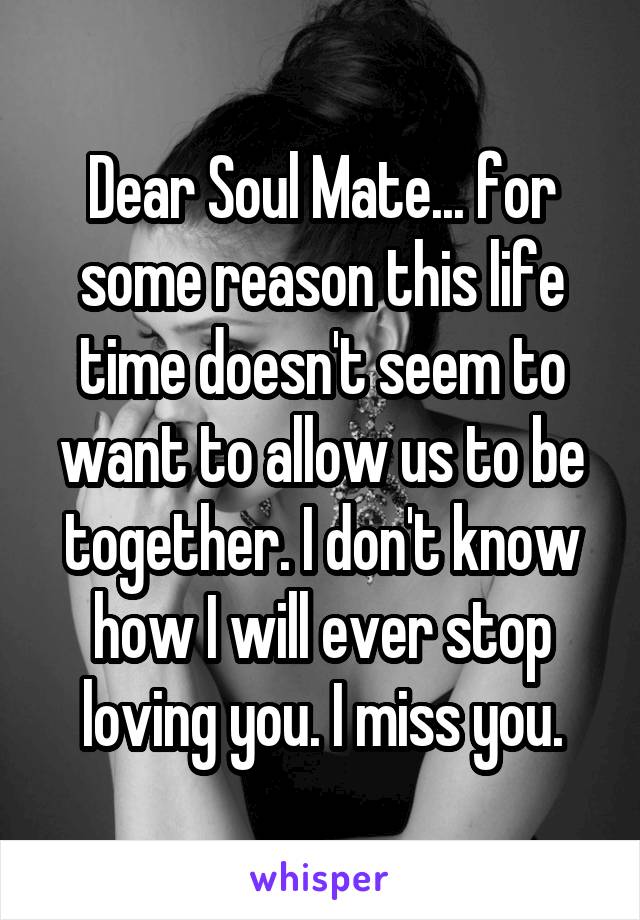 Dear Soul Mate... for some reason this life time doesn't seem to want to allow us to be together. I don't know how I will ever stop loving you. I miss you.