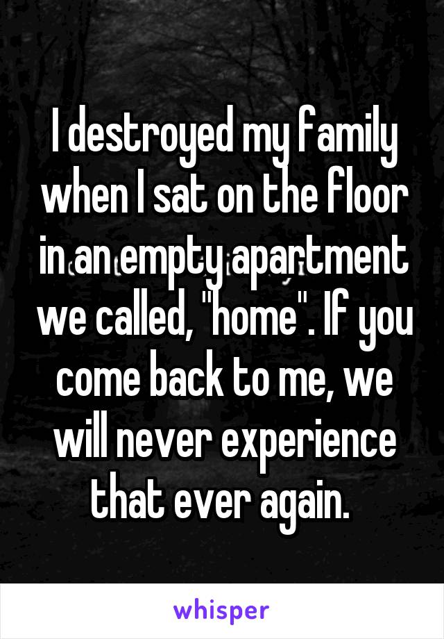 I destroyed my family when I sat on the floor in an empty apartment we called, "home". If you come back to me, we will never experience that ever again. 