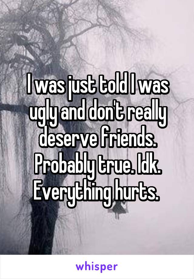 I was just told I was ugly and don't really deserve friends. Probably true. Idk. Everything hurts. 