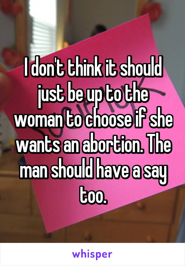 I don't think it should just be up to the woman to choose if she wants an abortion. The man should have a say too.