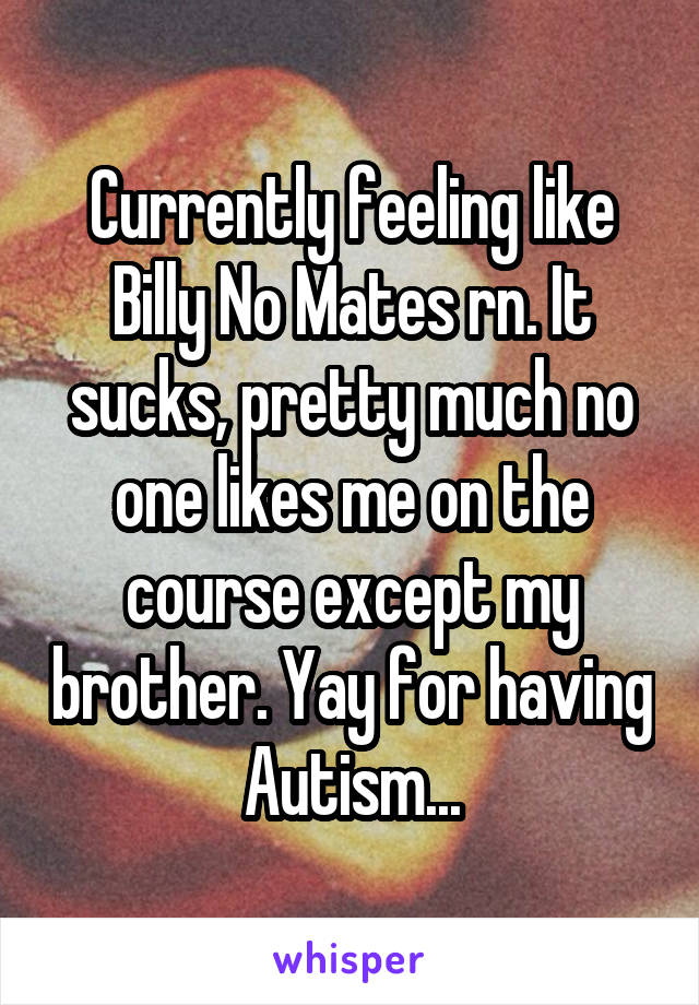 Currently feeling like Billy No Mates rn. It sucks, pretty much no one likes me on the course except my brother. Yay for having Autism...