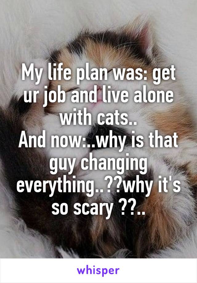 My life plan was: get ur job and live alone with cats..
And now:..why is that guy changing everything..??why it's so scary ??..