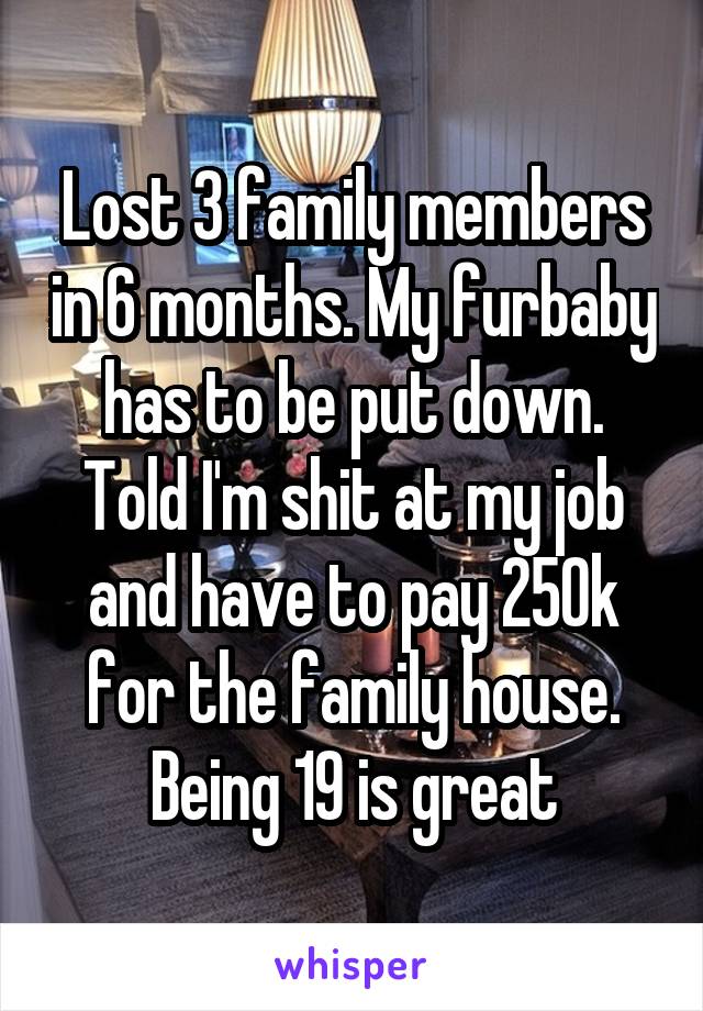 Lost 3 family members in 6 months. My furbaby has to be put down. Told I'm shit at my job and have to pay 250k for the family house. Being 19 is great