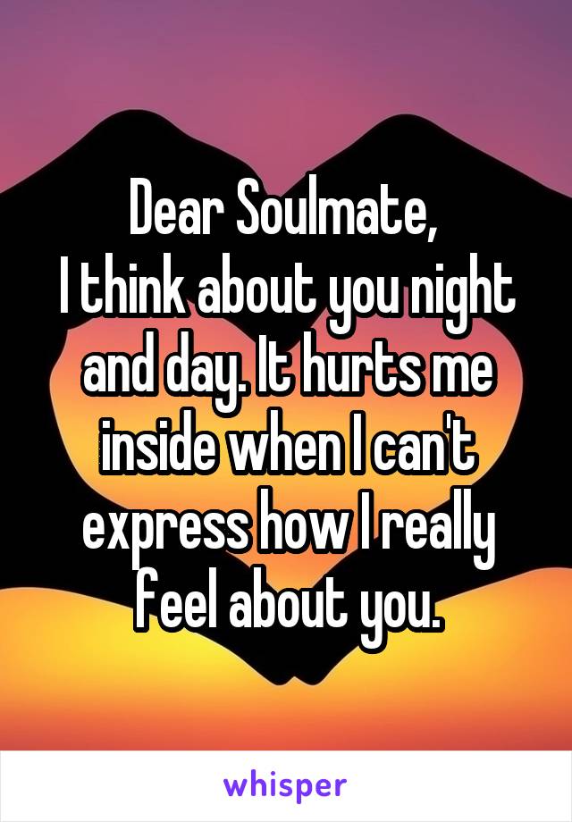 Dear Soulmate, 
I think about you night and day. It hurts me inside when I can't express how I really feel about you.