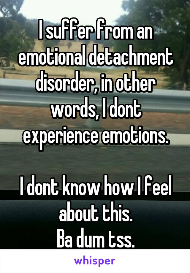 I suffer from an emotional detachment disorder, in other words, I dont experience emotions.

I dont know how I feel about this.
Ba dum tss.