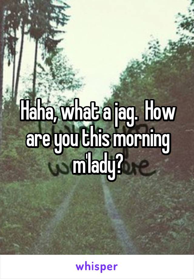 Haha, what a jag.  How are you this morning m'lady?