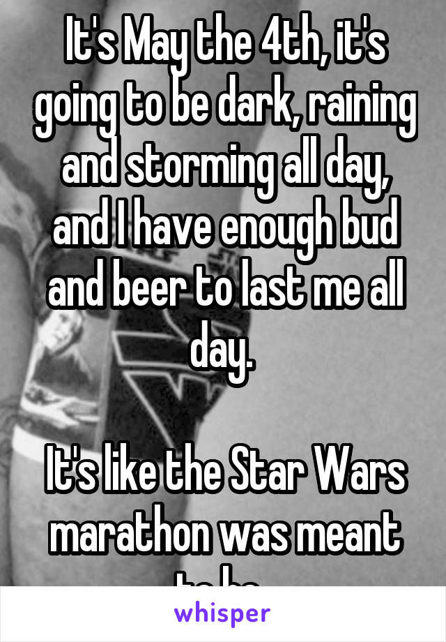 It's May the 4th, it's going to be dark, raining and storming all day, and I have enough bud and beer to last me all day. 

It's like the Star Wars marathon was meant to be. 