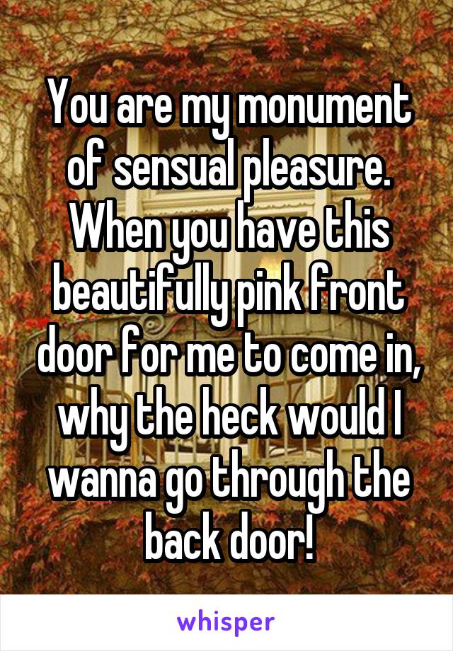 You are my monument of sensual pleasure. When you have this beautifully pink front door for me to come in, why the heck would I wanna go through the back door!