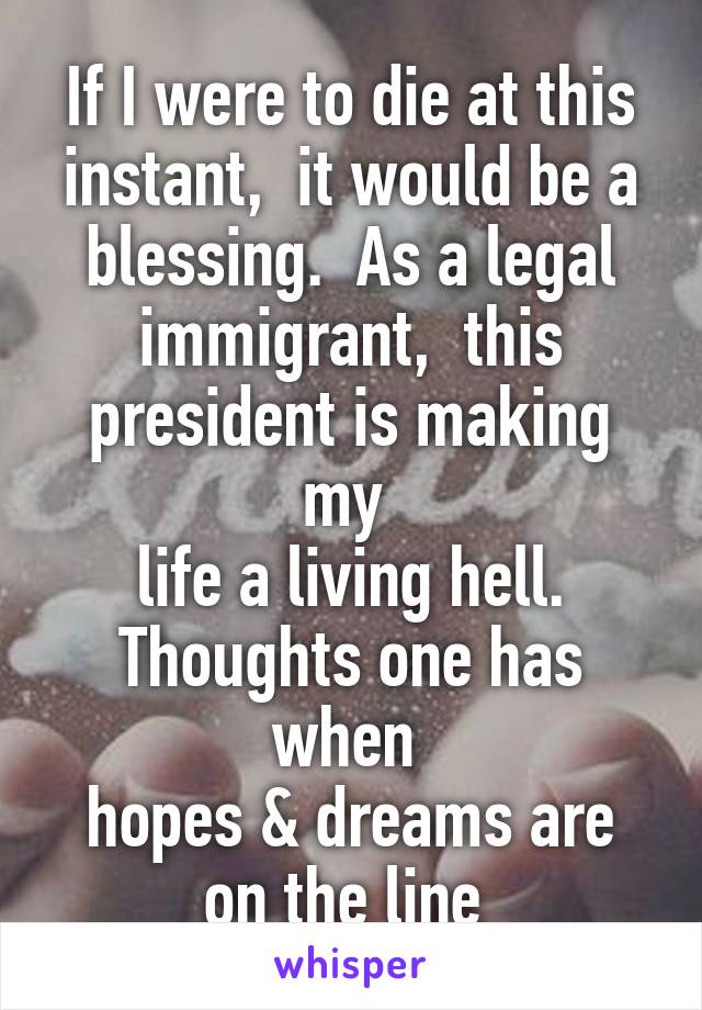 If I were to die at this instant,  it would be a blessing.  As a legal immigrant,  this president is making my 
life a living hell. Thoughts one has when 
hopes & dreams are on the line 