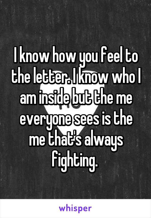 I know how you feel to the letter. I know who I am inside but the me everyone sees is the me that's always fighting. 