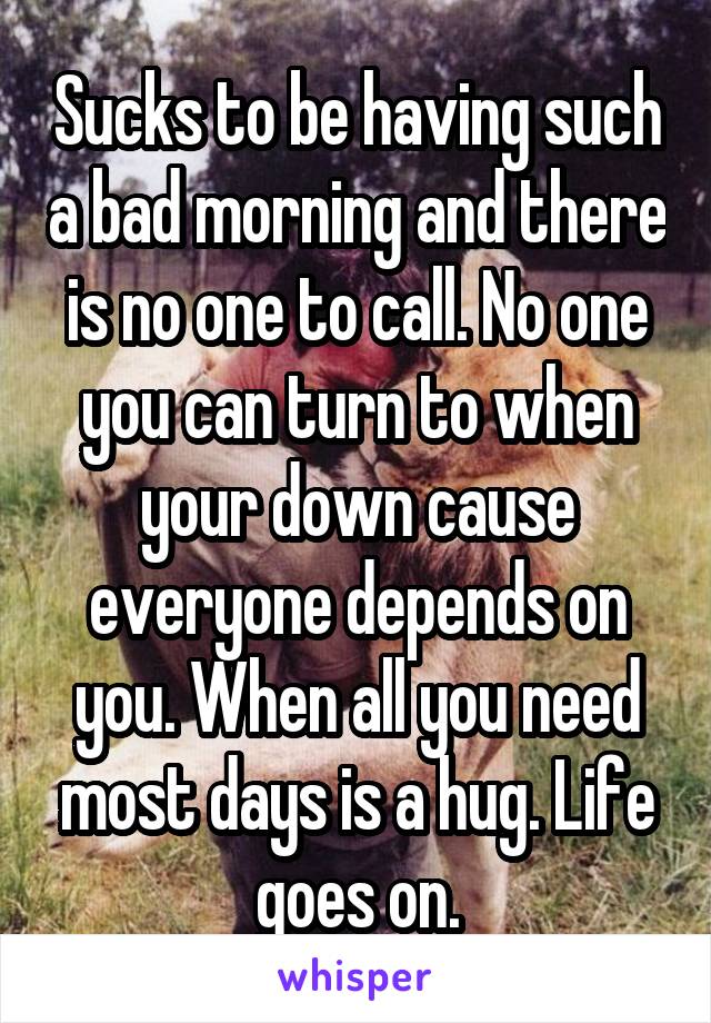 Sucks to be having such a bad morning and there is no one to call. No one you can turn to when your down cause everyone depends on you. When all you need most days is a hug. Life goes on.