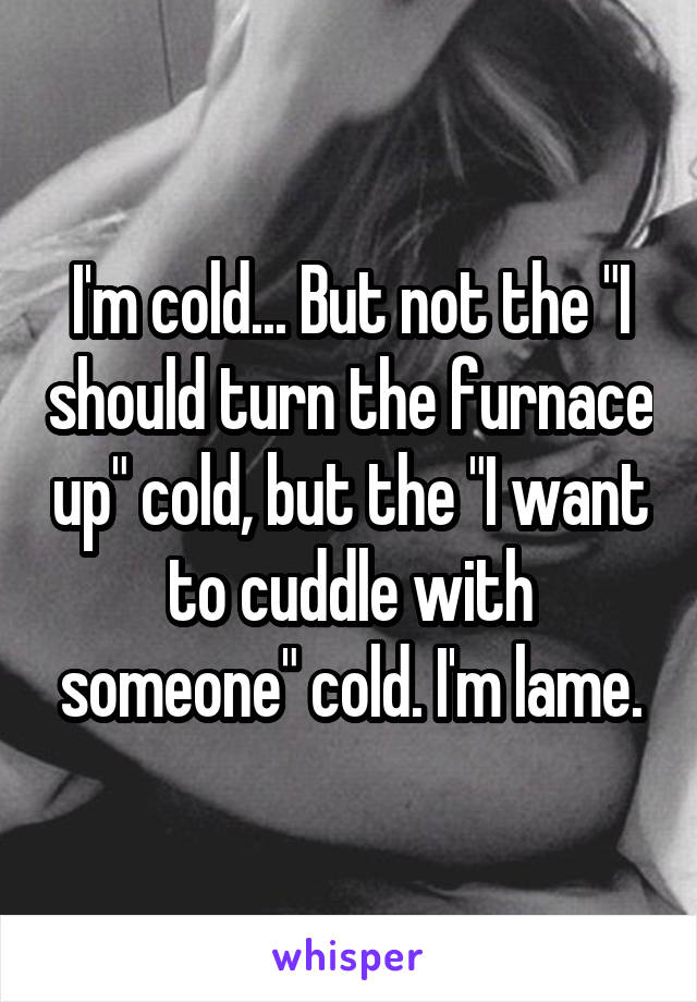 I'm cold... But not the "I should turn the furnace up" cold, but the "I want to cuddle with someone" cold. I'm lame.