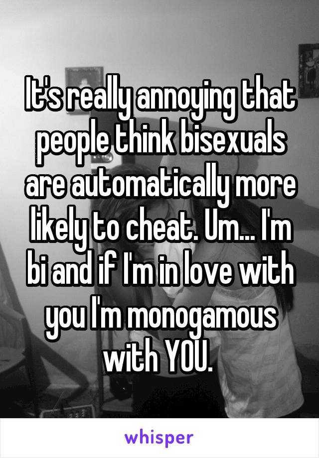 It's really annoying that people think bisexuals are automatically more likely to cheat. Um... I'm bi and if I'm in love with you I'm monogamous with YOU. 