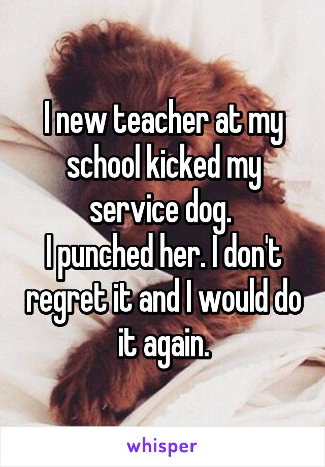 I new teacher at my school kicked my service dog. 
I punched her. I don't regret it and I would do it again.