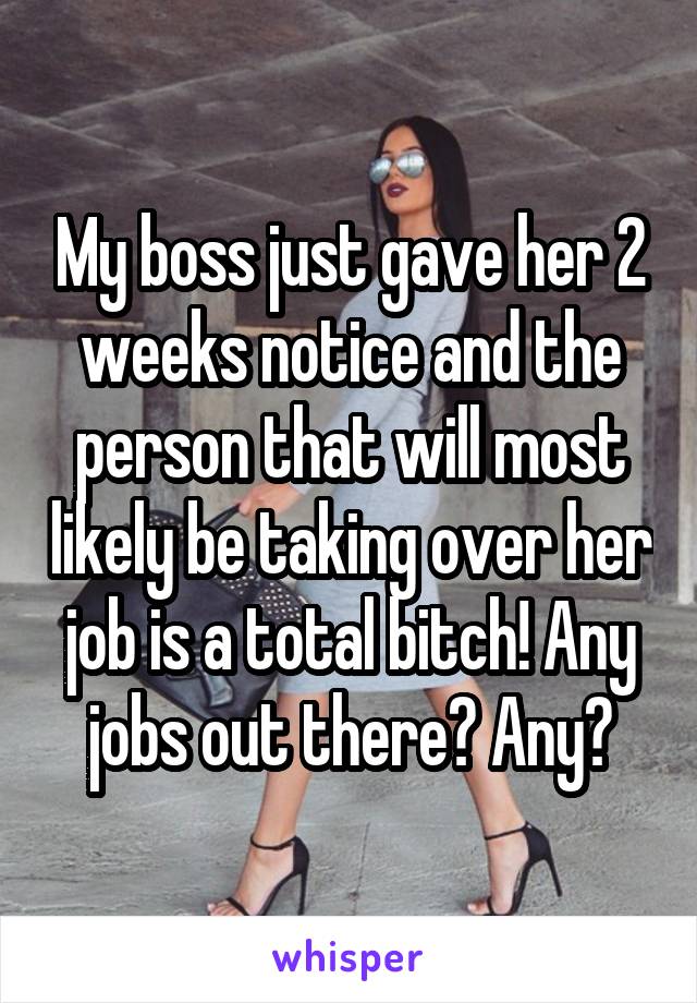 My boss just gave her 2 weeks notice and the person that will most likely be taking over her job is a total bitch! Any jobs out there? Any?