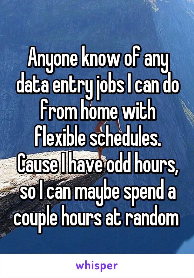 Anyone know of any data entry jobs I can do from home with flexible schedules. Cause I have odd hours, so I can maybe spend a couple hours at random 