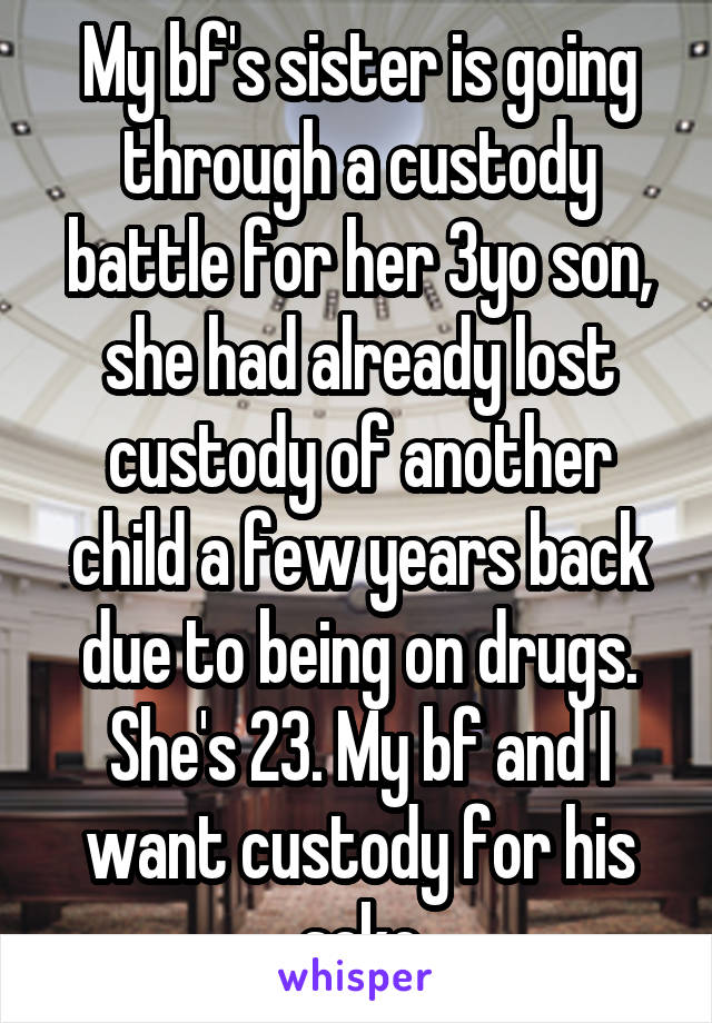 My bf's sister is going through a custody battle for her 3yo son, she had already lost custody of another child a few years back due to being on drugs. She's 23. My bf and I want custody for his sake