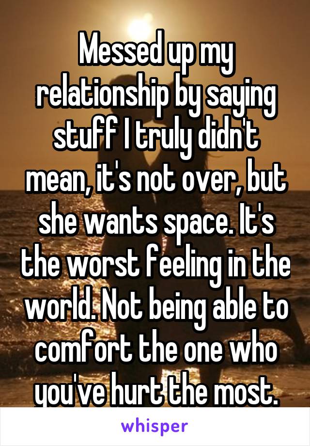 Messed up my relationship by saying stuff I truly didn't mean, it's not over, but she wants space. It's the worst feeling in the world. Not being able to comfort the one who you've hurt the most.