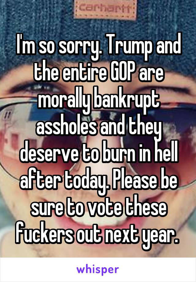 I'm so sorry. Trump and the entire GOP are morally bankrupt assholes and they deserve to burn in hell after today. Please be sure to vote these fuckers out next year. 