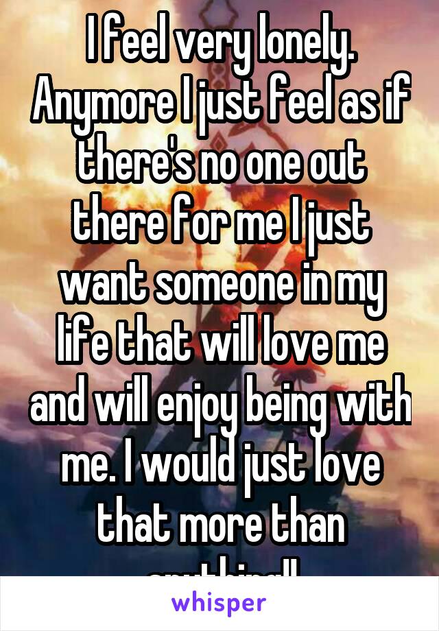 I feel very lonely. Anymore I just feel as if there's no one out there for me I just want someone in my life that will love me and will enjoy being with me. I would just love that more than anything!!