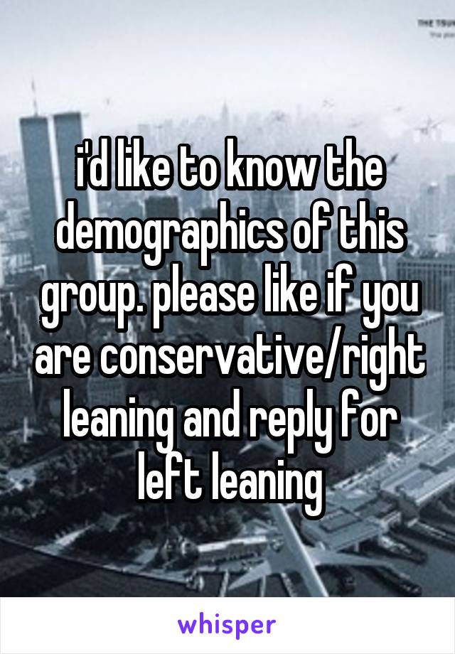 i'd like to know the demographics of this group. please like if you are conservative/right leaning and reply for left leaning