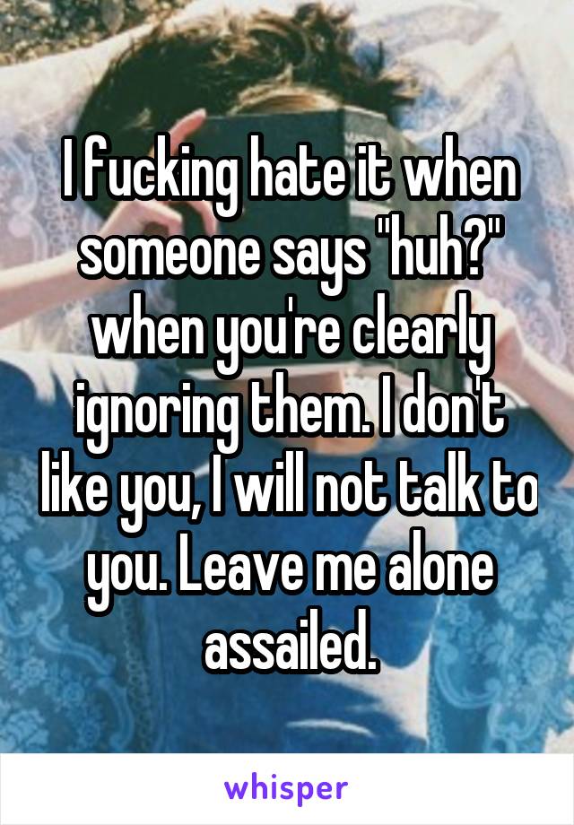 I fucking hate it when someone says "huh?" when you're clearly ignoring them. I don't like you, I will not talk to you. Leave me alone assailed.