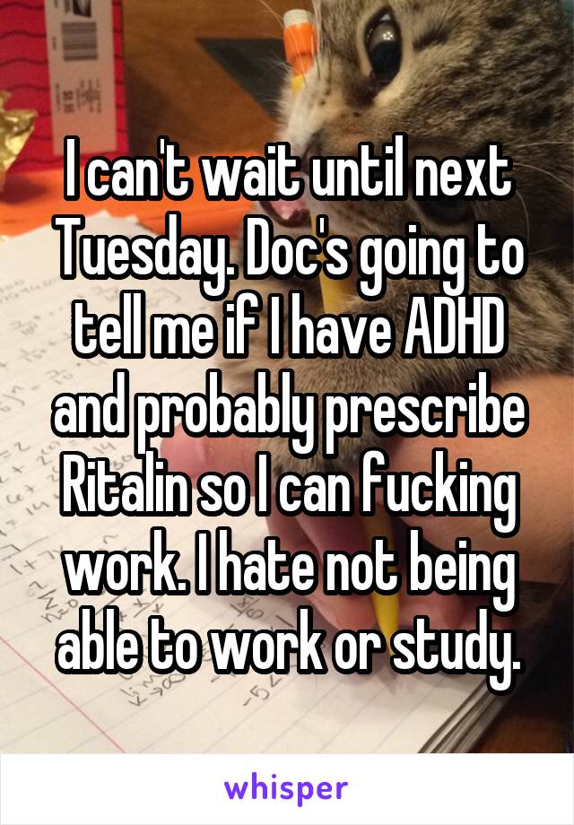 I can't wait until next Tuesday. Doc's going to tell me if I have ADHD and probably prescribe Ritalin so I can fucking work. I hate not being able to work or study.