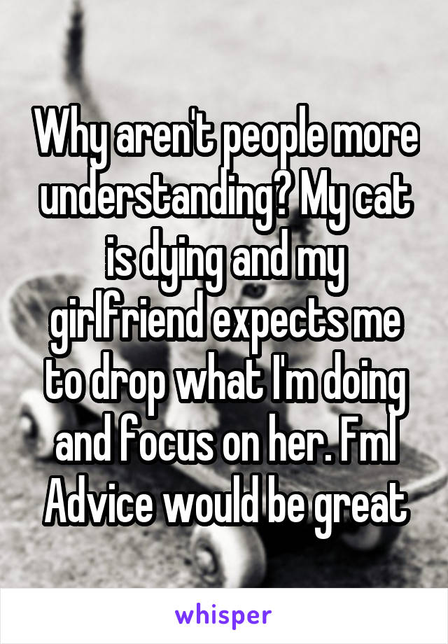 Why aren't people more understanding? My cat is dying and my girlfriend expects me to drop what I'm doing and focus on her. Fml
Advice would be great