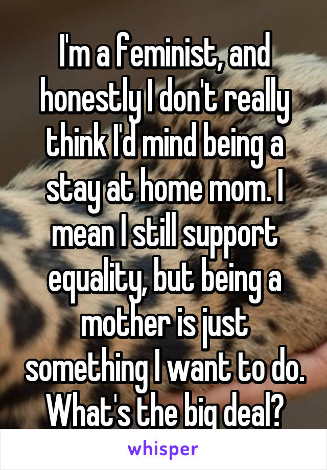 I'm a feminist, and honestly I don't really think I'd mind being a stay at home mom. I mean I still support equality, but being a mother is just something I want to do. What's the big deal?