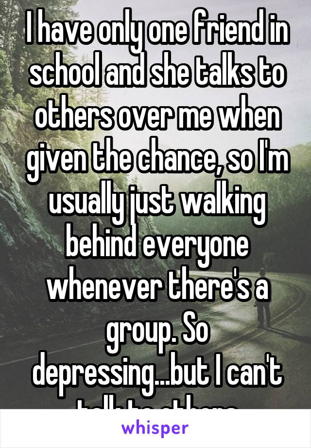 I have only one friend in school and she talks to others over me when given the chance, so I'm usually just walking behind everyone whenever there's a group. So depressing...but I can't talk to others