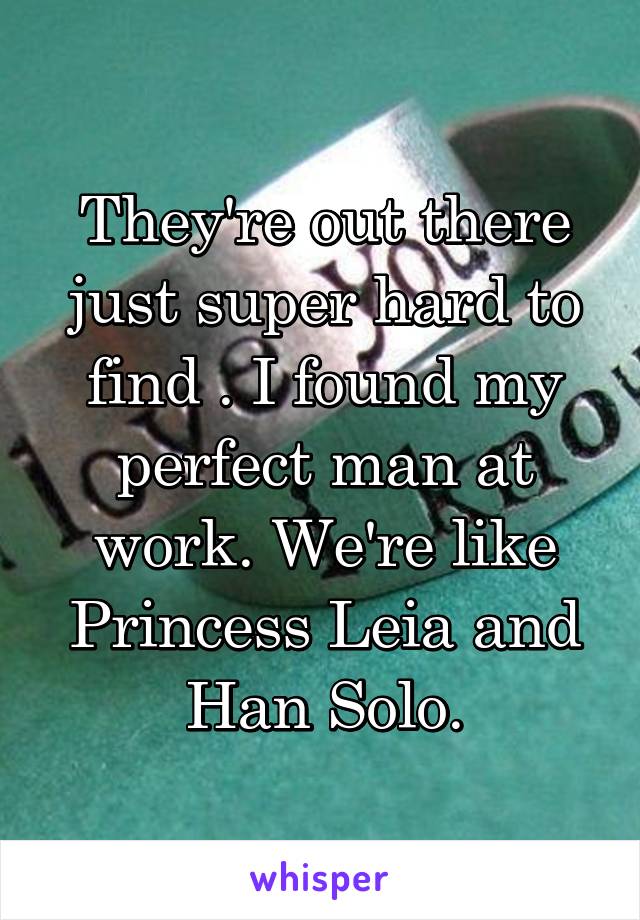 They're out there just super hard to find . I found my perfect man at work. We're like Princess Leia and Han Solo.